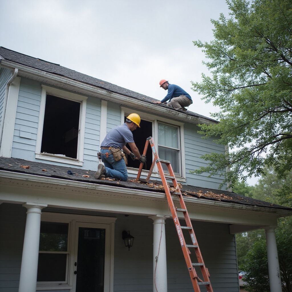 Two construction workers on a roof, one on a ladder, working on a house with a blue exterior.