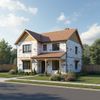 Two-story house under construction with exposed sheathing, brown roof, and black-framed windows; sunny day.