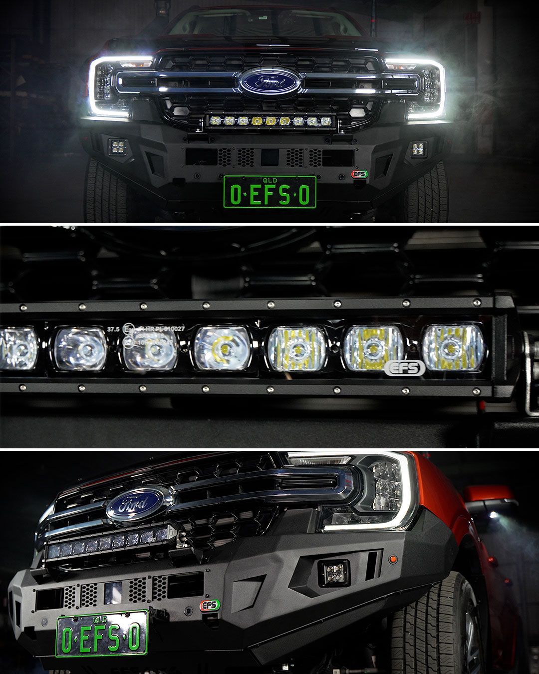 Ford truck with LED lights on front bumper, license plate, and grill; various views. — 100% Automotive In South Nowra, NSW