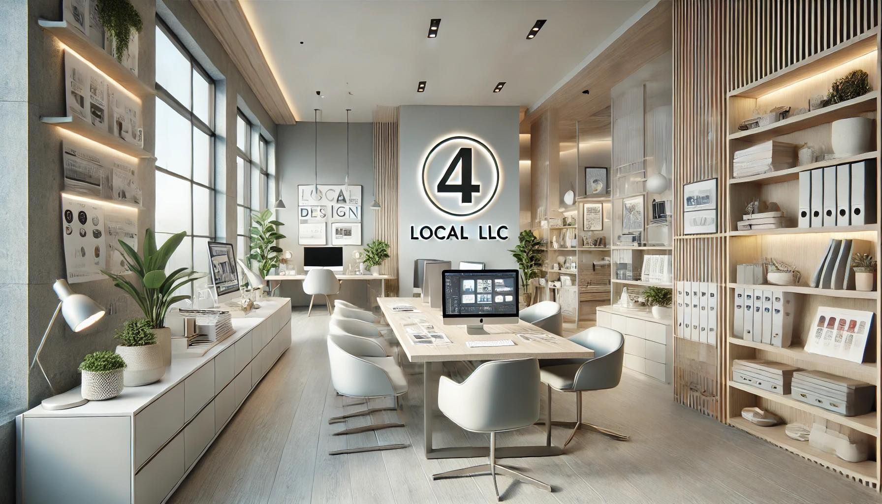 A modern office with a logo on the wall that says 4