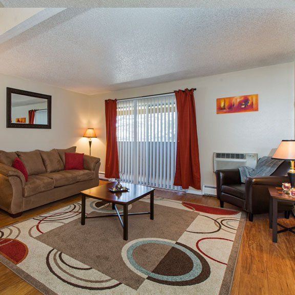 Furnished living room with hardwood floors and an area rug