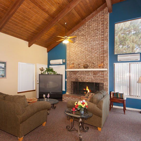 Living area with a fireplace and television