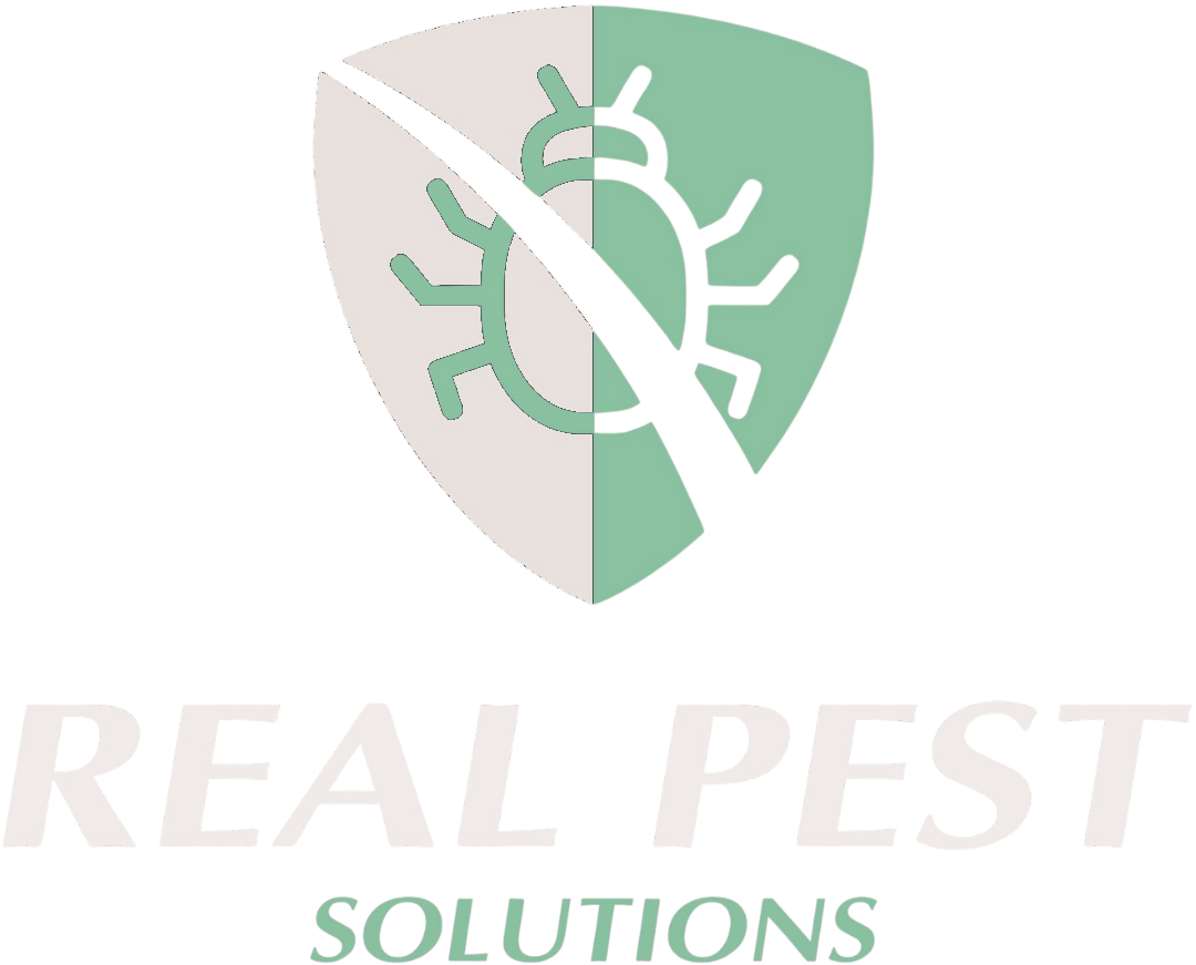 Logo for Real Pest Solutions featuring a shield icon divided between beige and green with a stylized bug in the center.