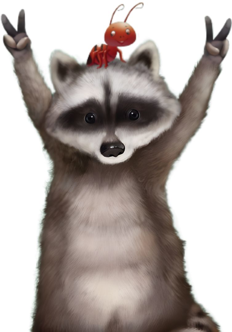 A raccoon with its arms raised in a peace sign gesture, with a small red ant sitting on top of its head.