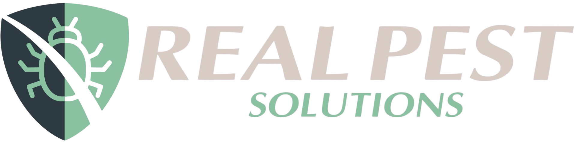 Logo for Real Pest Solutions featuring a shield icon divided between dark gray and light green with a white insect graphic.