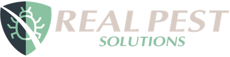 Logo for Real Pest Solutions featuring a shield icon divided between dark gray and light green with a white insect graphic.