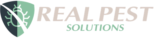Logo for Real Pest Solutions featuring a shield icon divided between dark gray and light green with a white insect graphic.