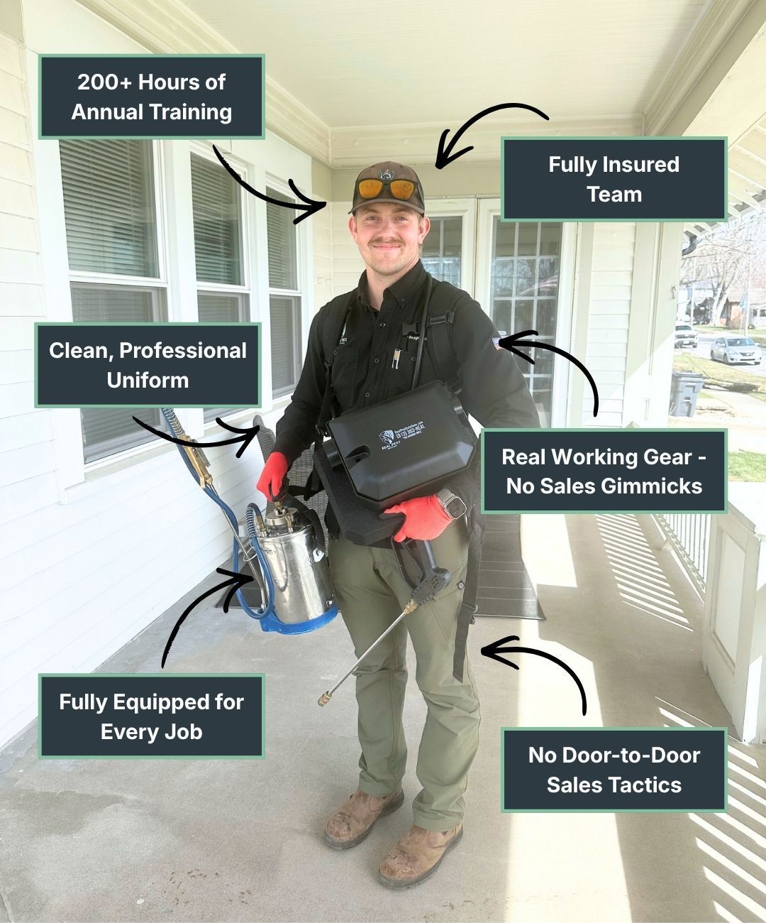A real raccoon sits in a wire cage in front of a turquoise pest control truck featuring a cartoon raccoon decal.