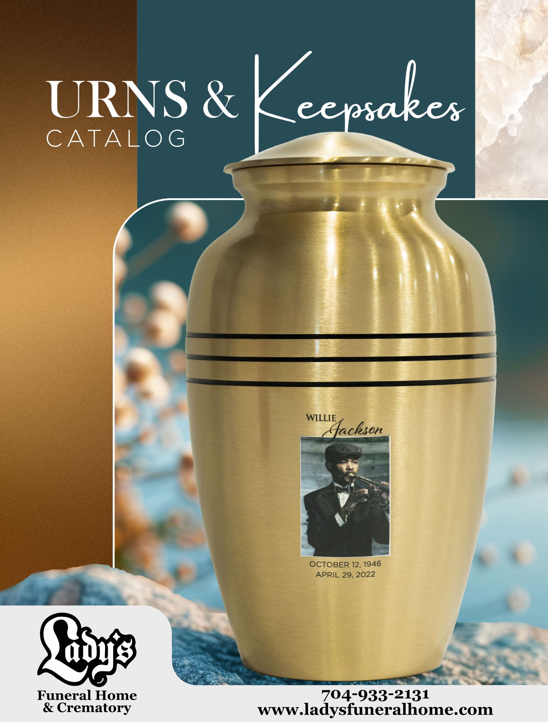 A catalog for lady 's funeral home and crematory shows urns and vases.