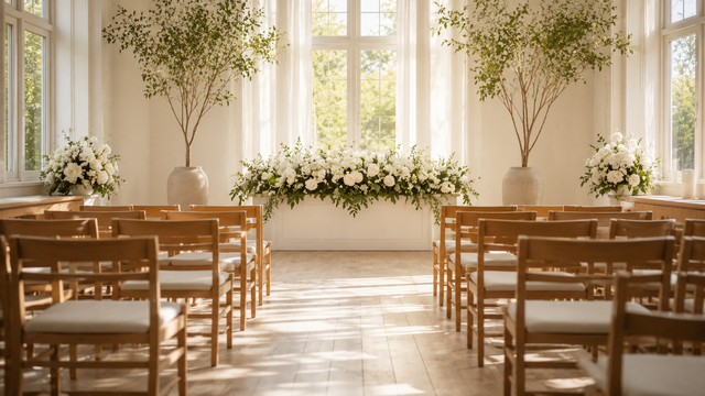 Funeral home chapel seating with floral arrangement and soft lighting for a memorial service