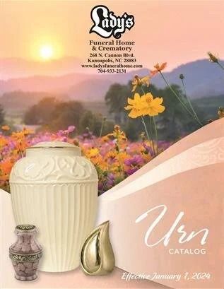 A catalog for lady 's funeral home and crematory shows urns and vases.