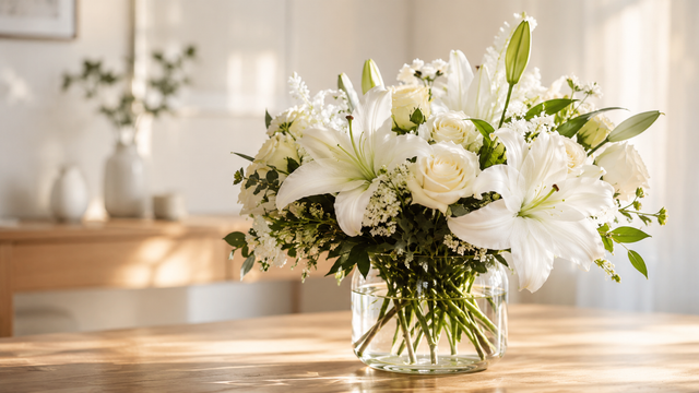 Memorial guest book table with flowers, cards, and soft lighting near a service entrance