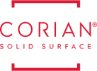 The logo for corian solid surface is red and white.