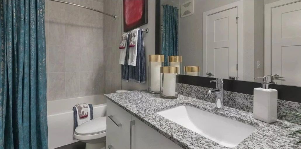 A bathroom with a sink , toilet , shower and mirror.