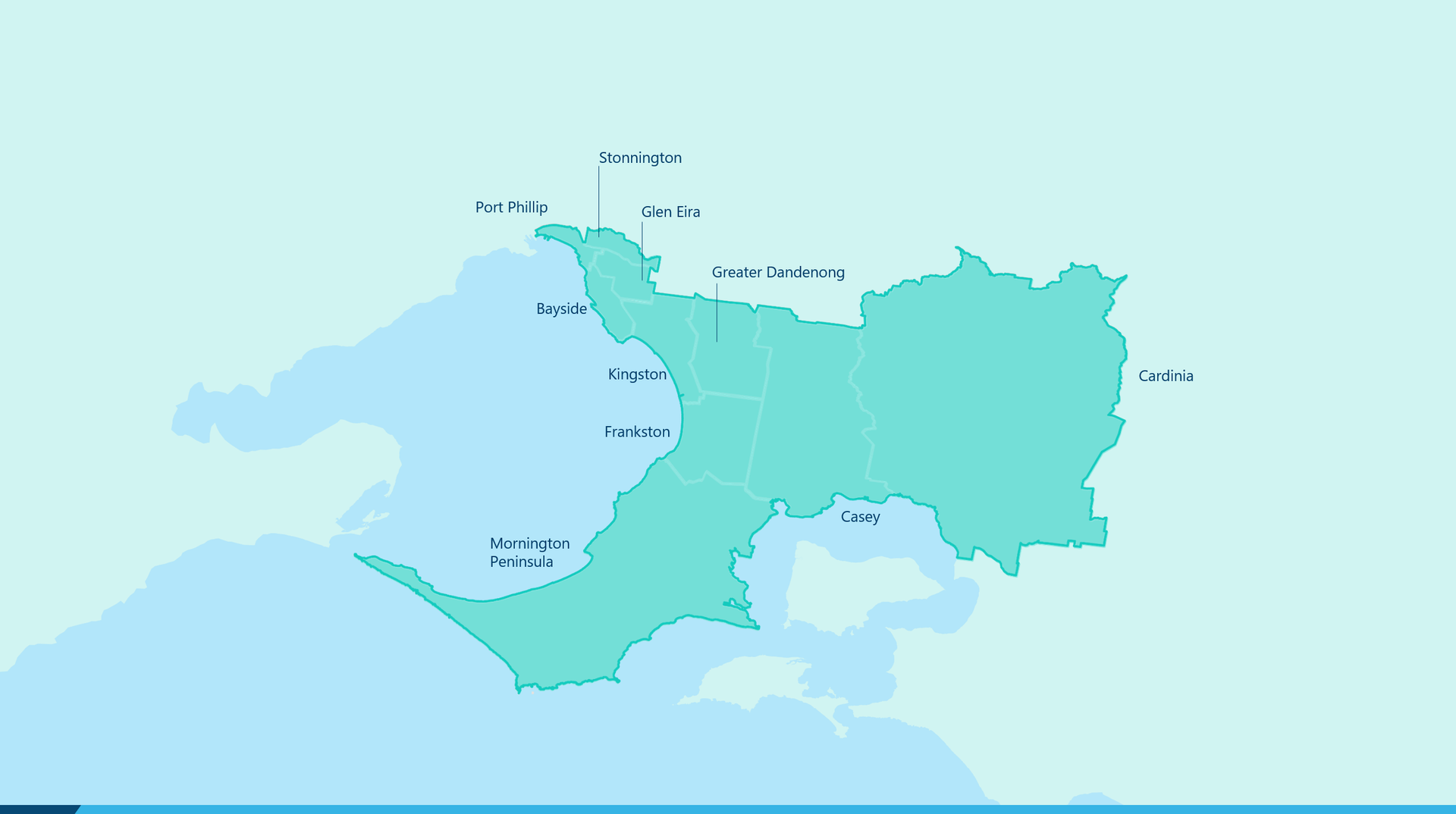 Map of south eastern Melbourne with the names of each local government area
