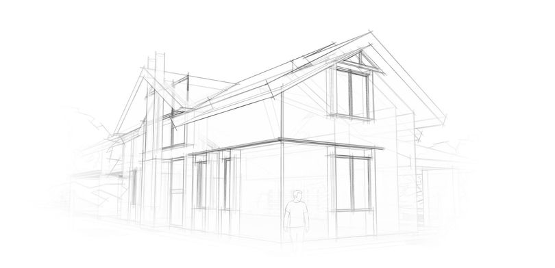 Pencil sketch of a modern house exterior with pitched roof and large windows
