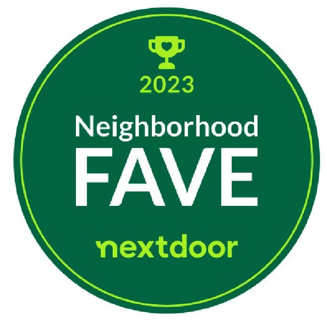 A green circle with the words neighborhood fave nextdoor on it