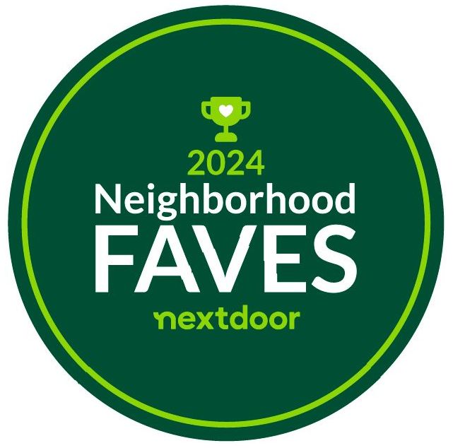 A green circle with the words neighborhood faves nextdoor on it
