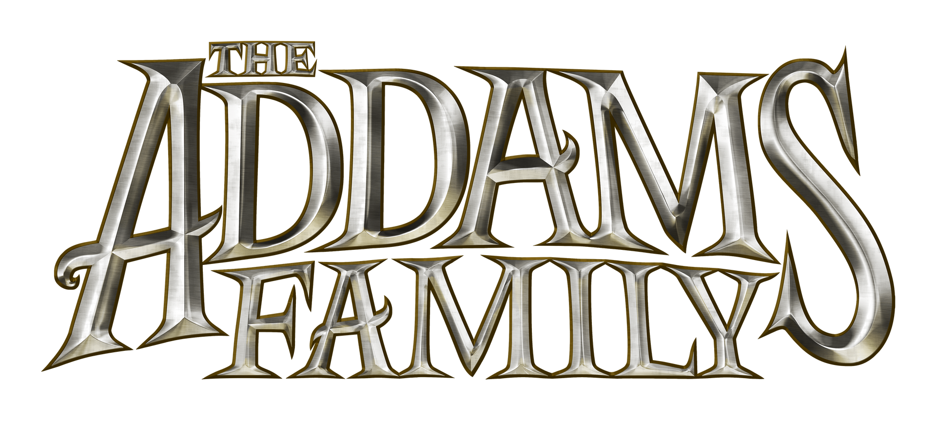 A silver logo for the addams family on a white background.