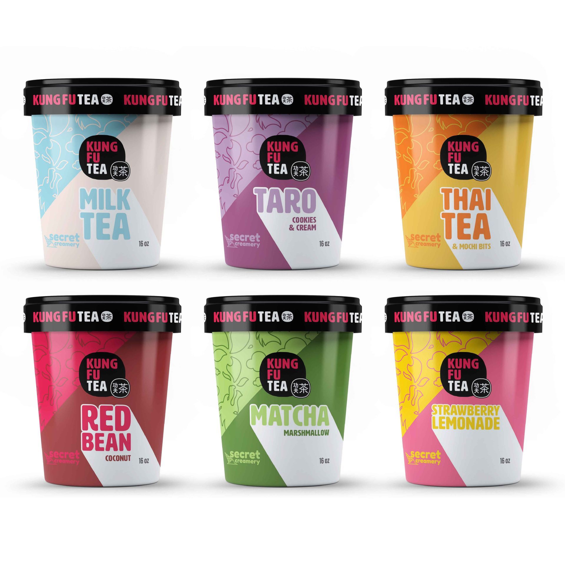 Six different flavors of kung fu tea/secret creamery ice cream are shown