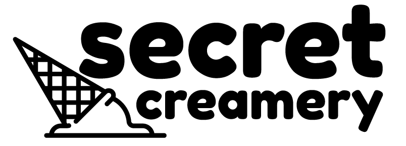 A black and white logo for secret creamery with an ice cream cone.