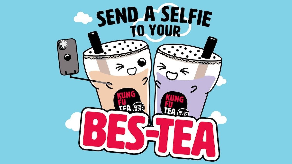 An image with two bubble tea characters that says send a selfie to your best tea