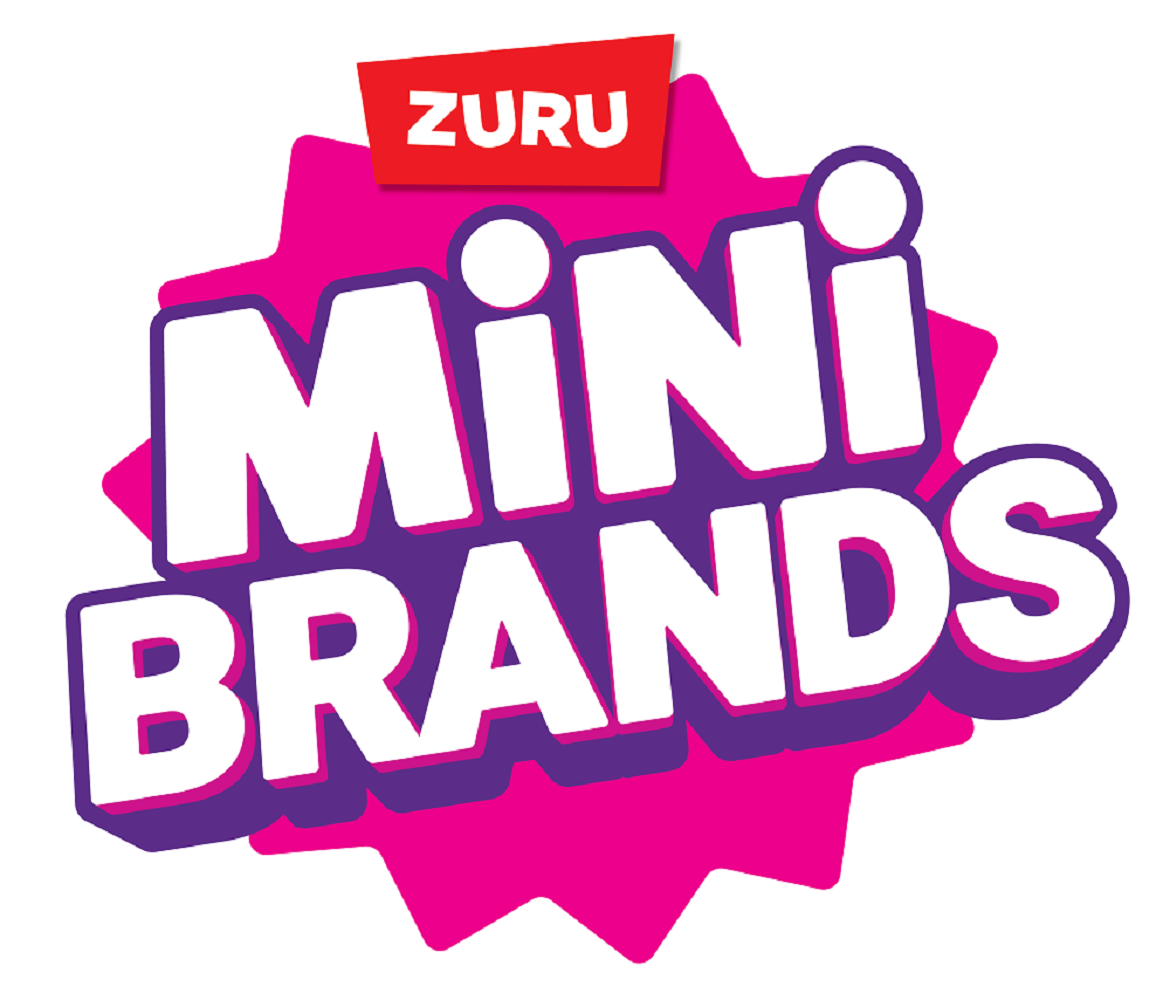 A pink and purple logo for zuru mini brands