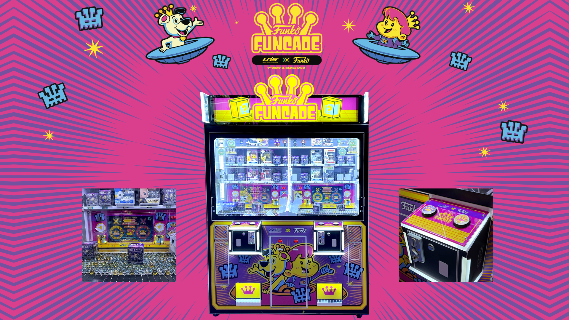 A Funcade game machine with a pink background and a cartoon character on it.