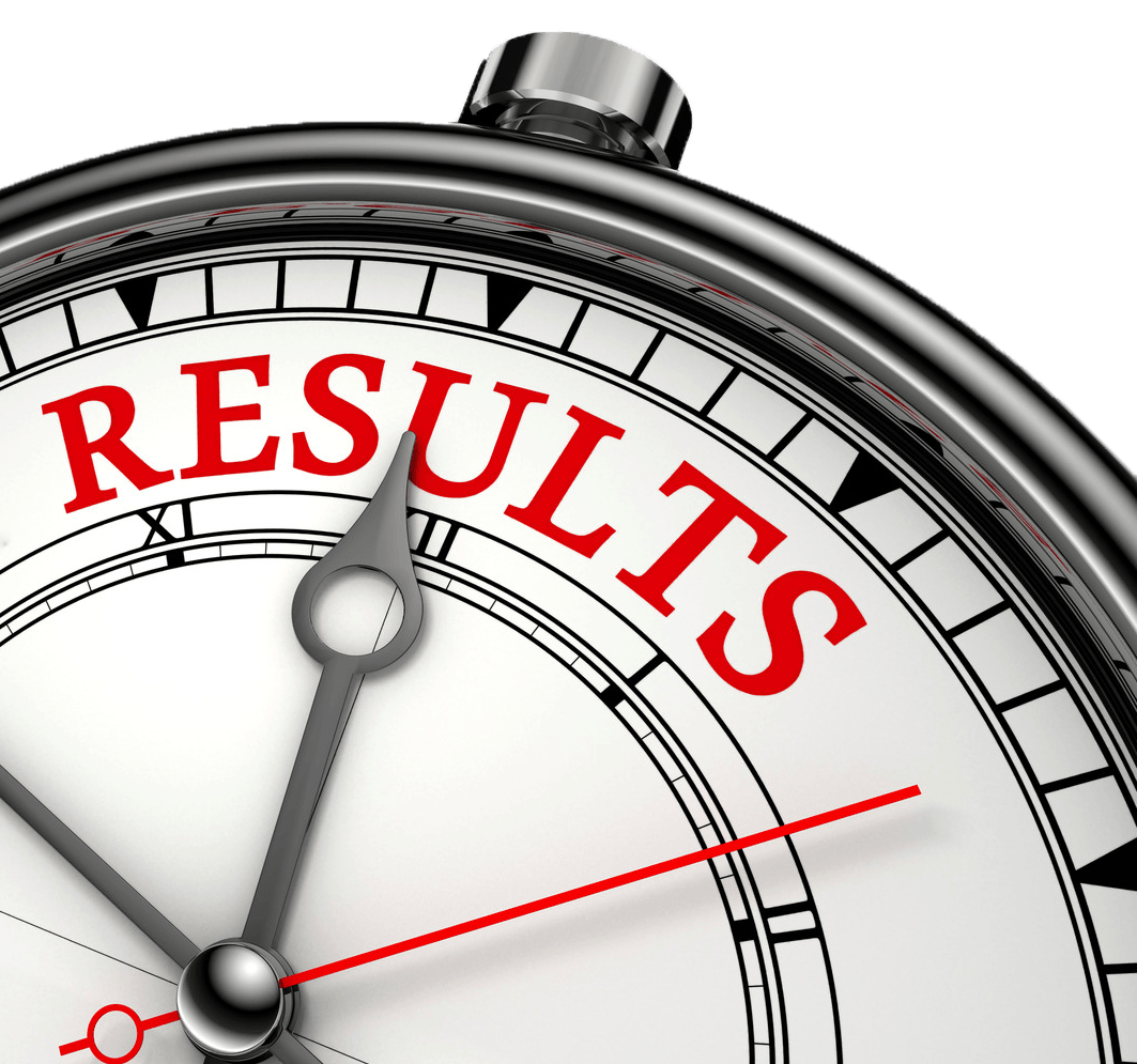 A clock with the word results on it