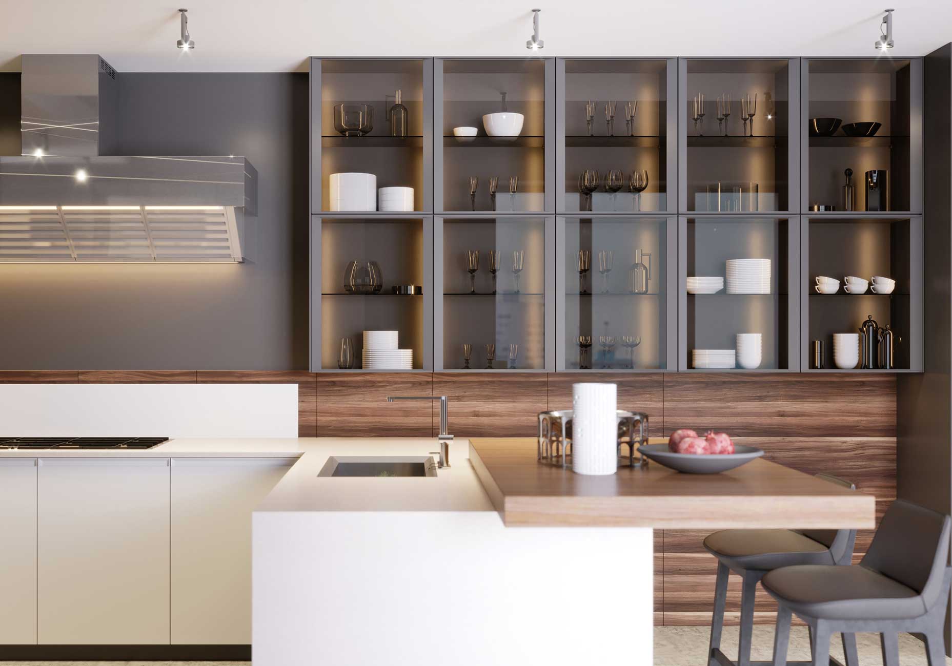 Dark Wooden Kitchen with Glass Cabinets — Annapolis, MD — Exquisite Glassworks