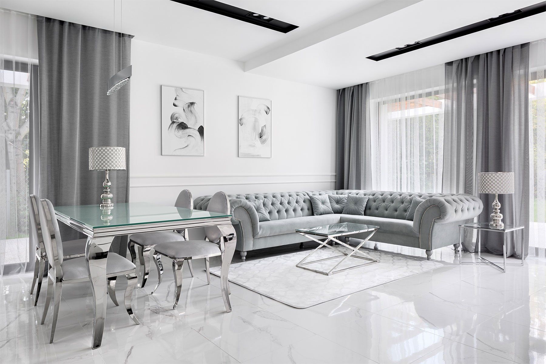 Gray and White Living Room with Glass Table and Corner Sofa — Annapolis, MD — Exquisite Glassworks