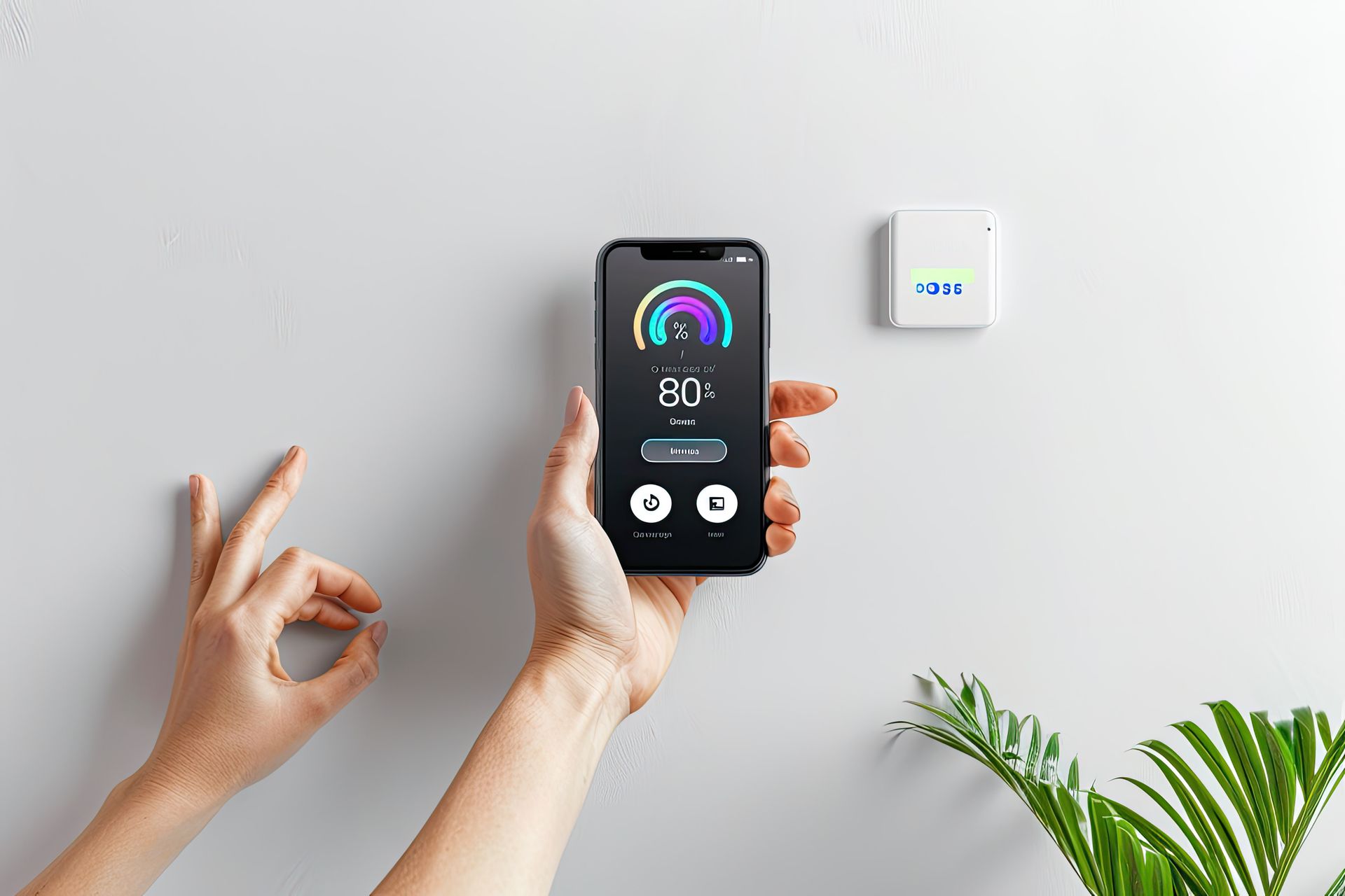 A person is holding a smart phone in front of a thermostat.