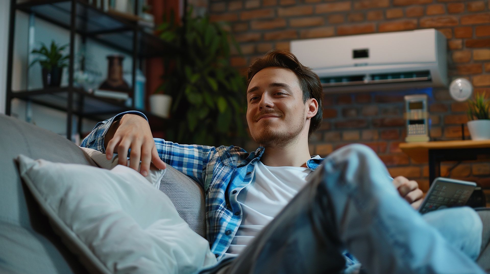 A man is laying on a couch using a tablet.