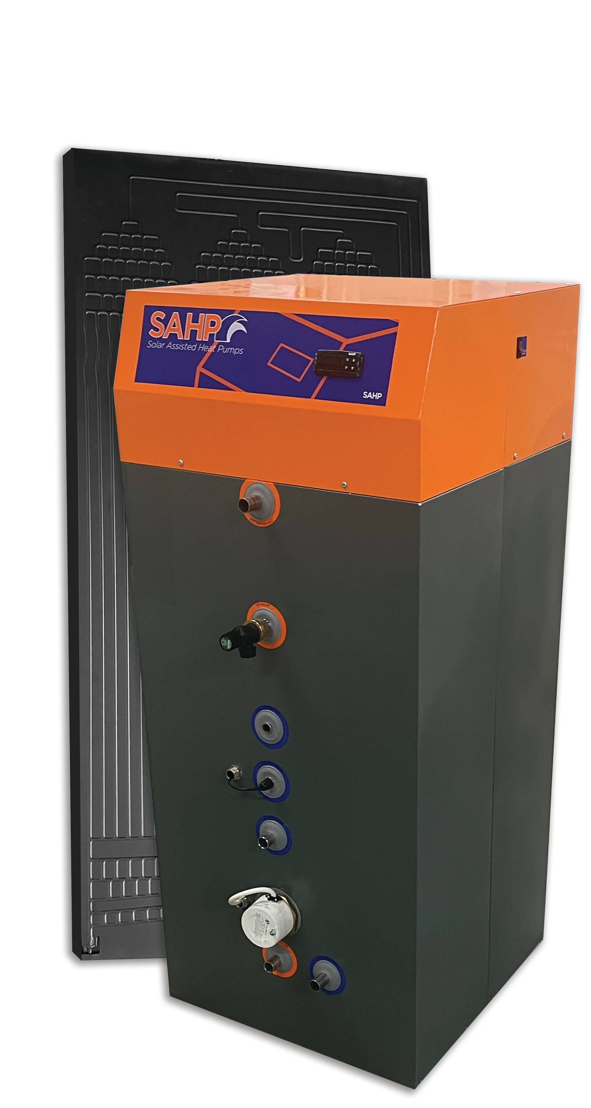 A black and orange heater is sitting on top of a white surface.