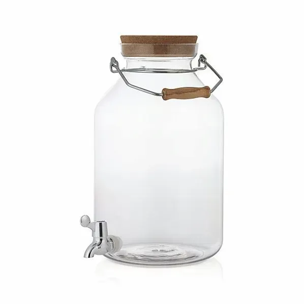 A clear glass jar with a wooden handle and cork lid
