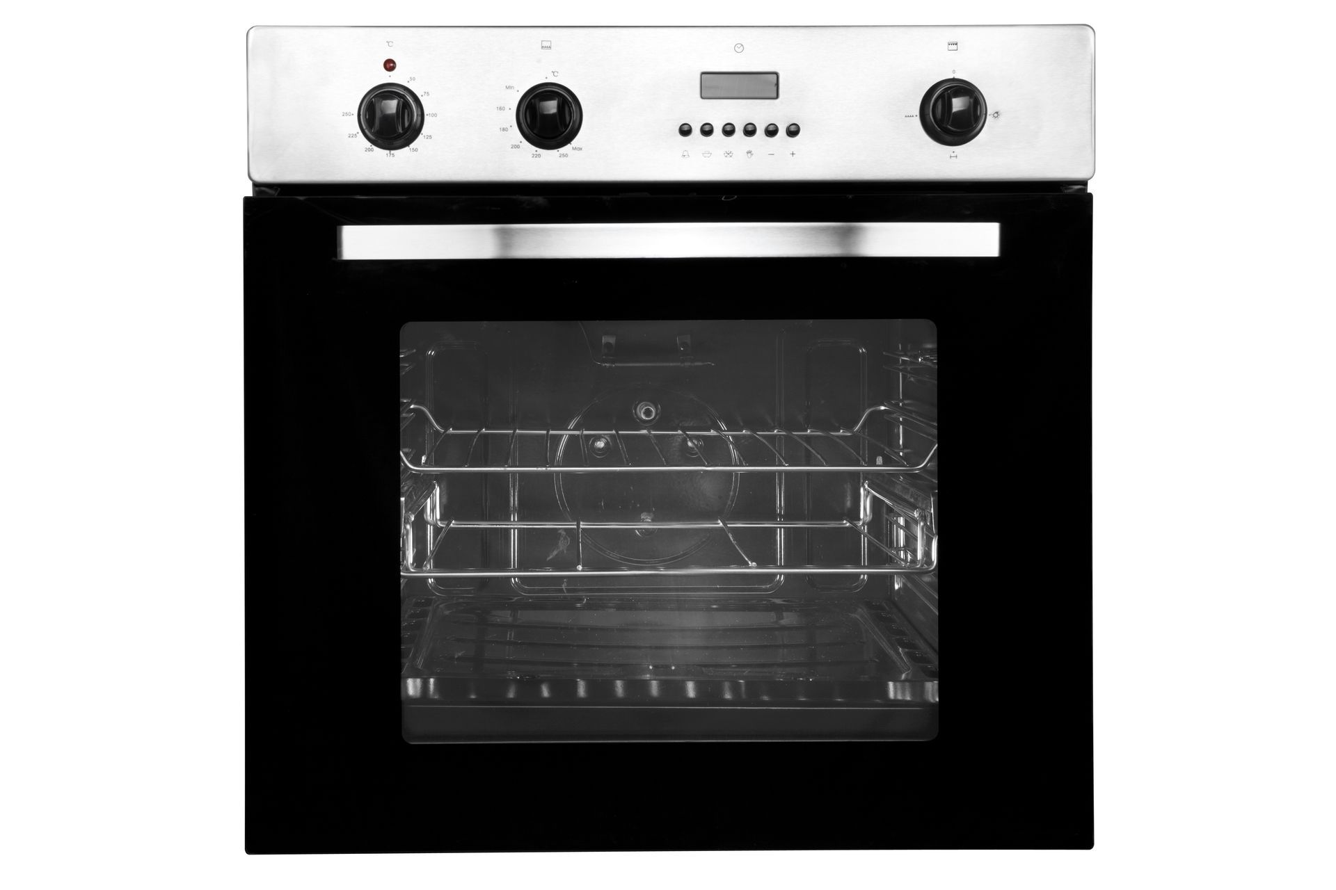 A stainless steel oven with a black door on a white background.
