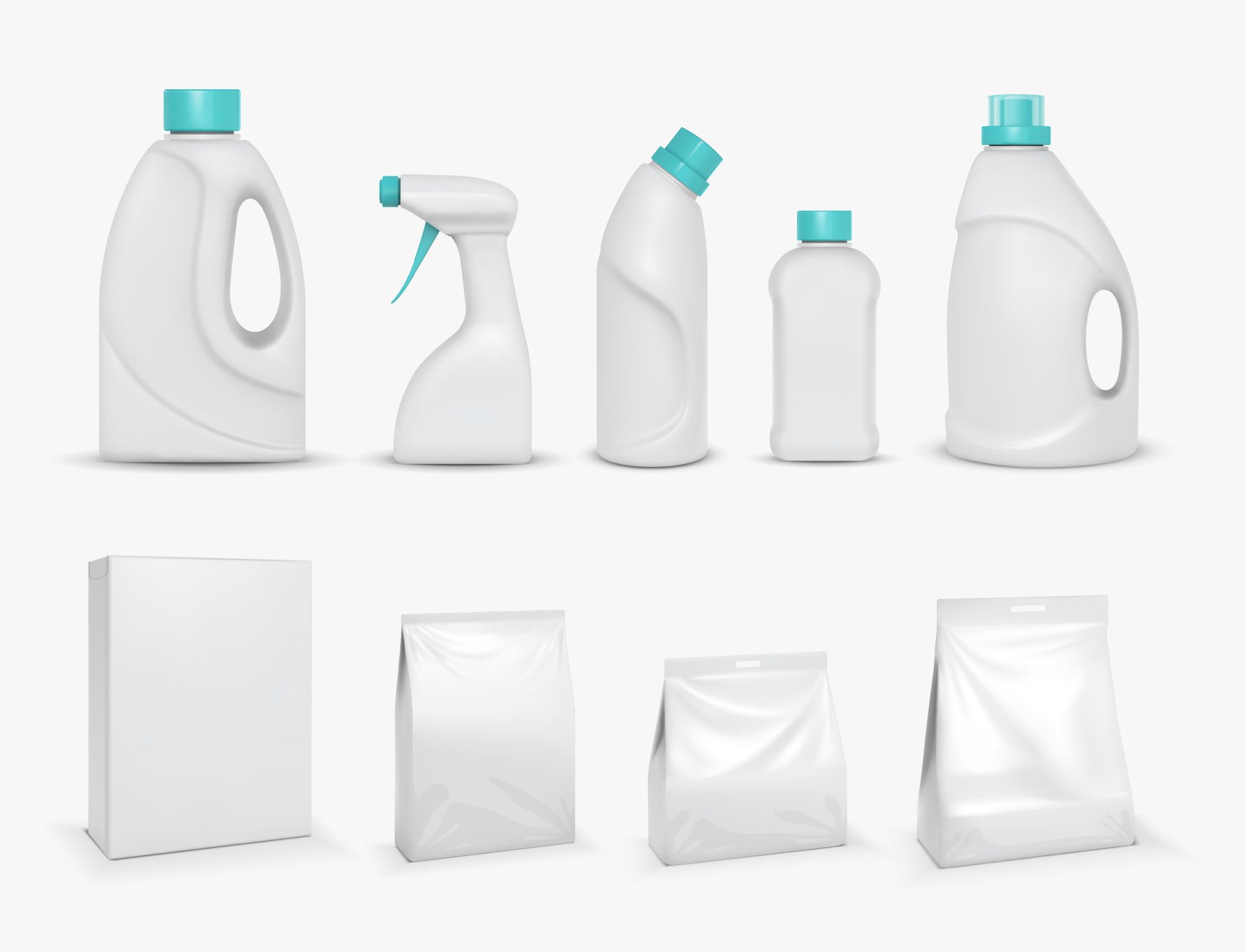 A set of white plastic bottles and bags on a white background.