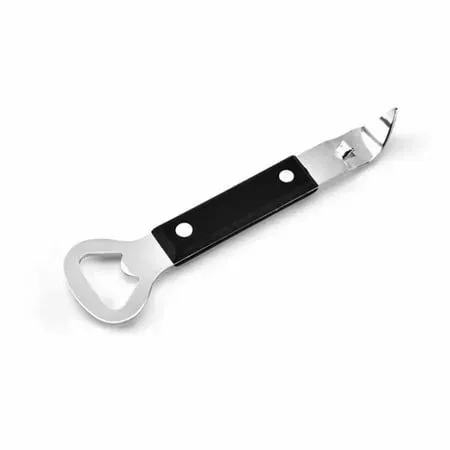 A bottle opener with a black handle on a white background.