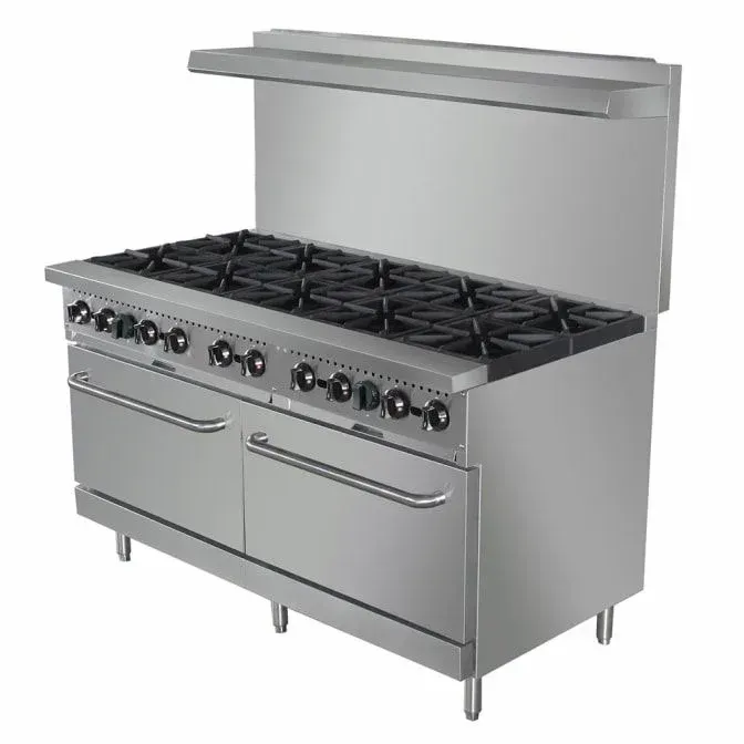 A stainless steel stove with six burners and two drawers