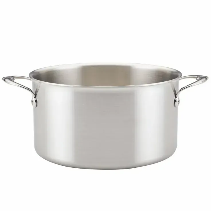 A stainless steel pot with two handles on a white background.