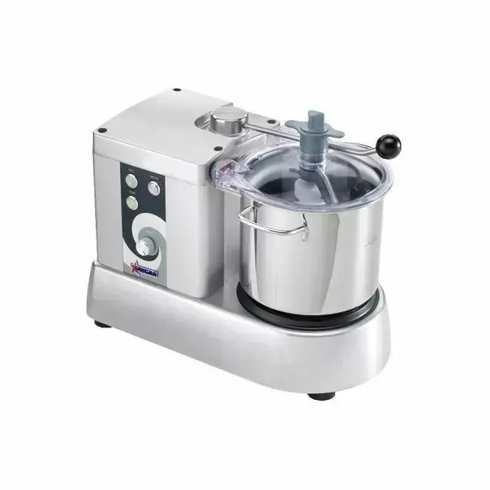 A stainless steel food processor with a stainless steel bowl on a white background.