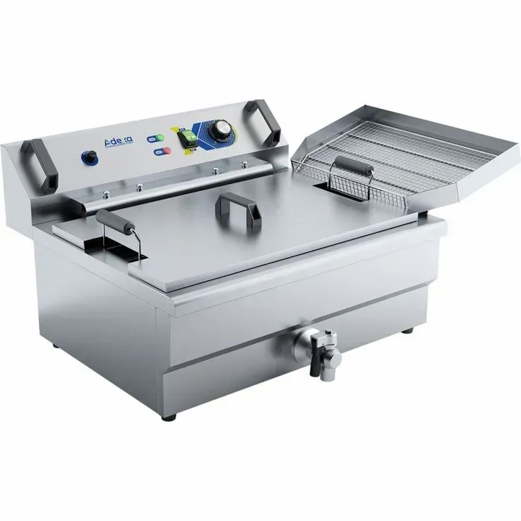A stainless steel fryer with the lid open on a white background.