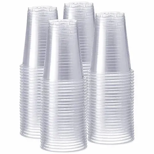 A stack of clear plastic cups on a white background.