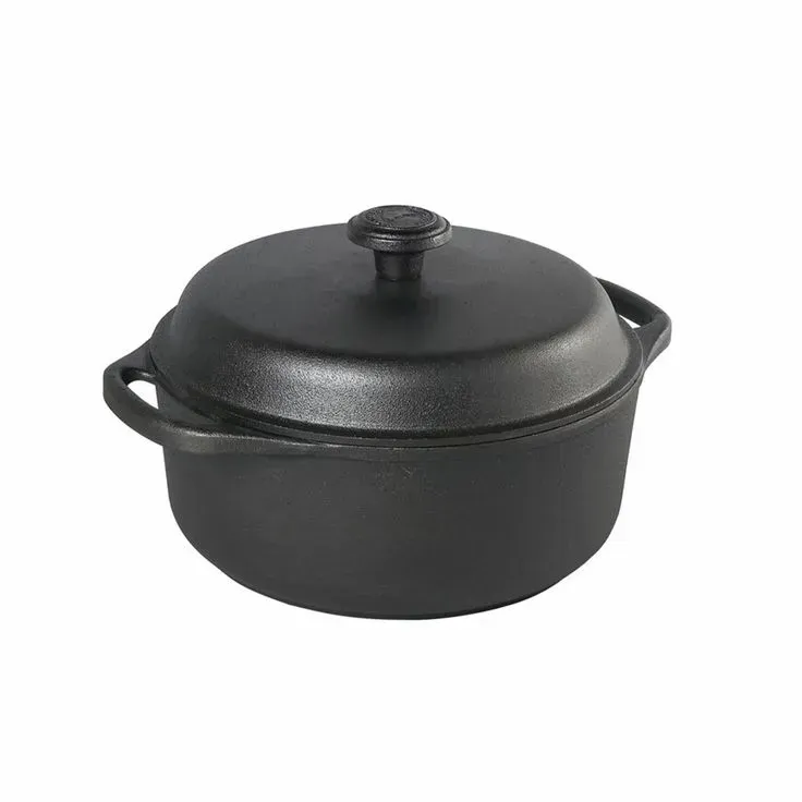 A black pot with a lid and handles on a white background.