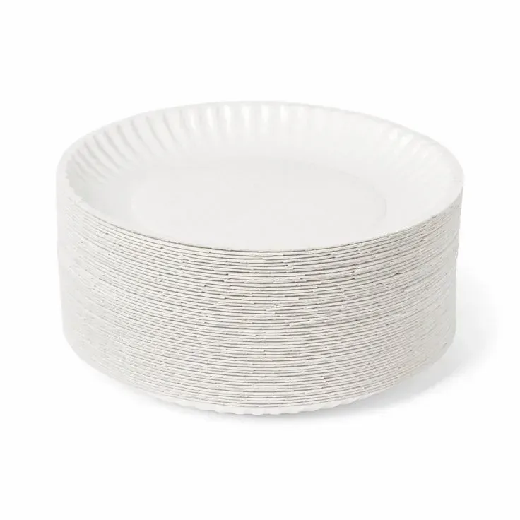 A stack of white paper plates on a white background.