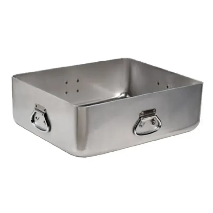 A stainless steel tray with handles on a white background.