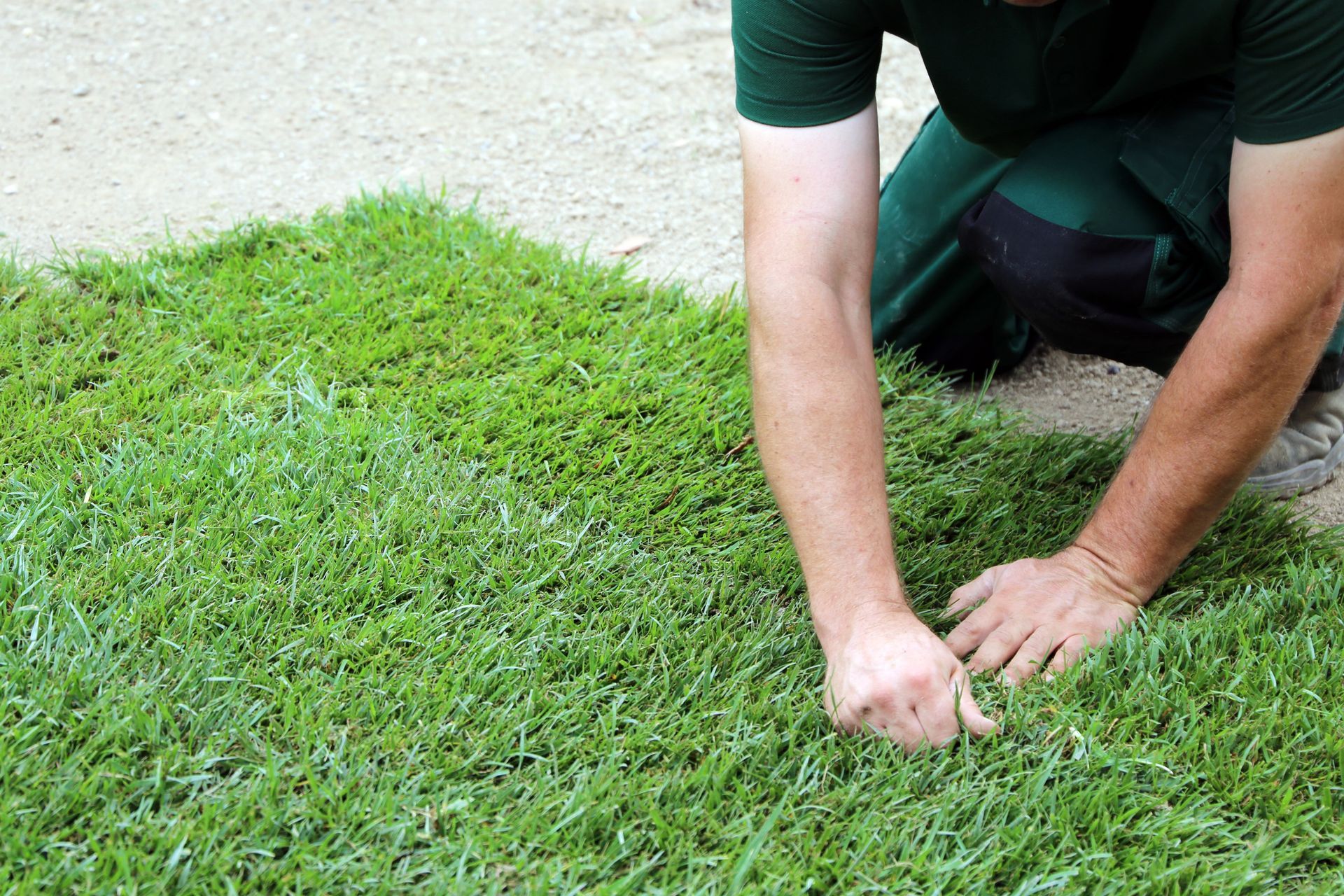 A man is kneeling on a patch of green grass.