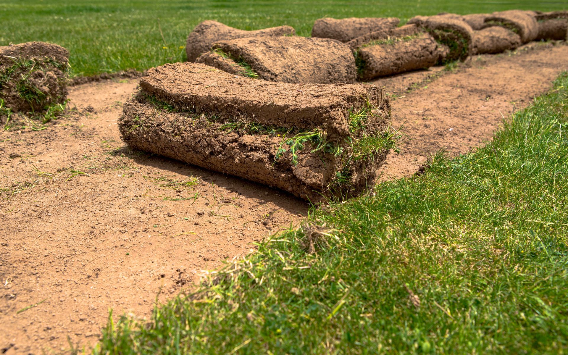 Rolls of turf are sitting on top of a lush green field.