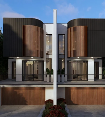 An artist 's impression of a modern house with two garages