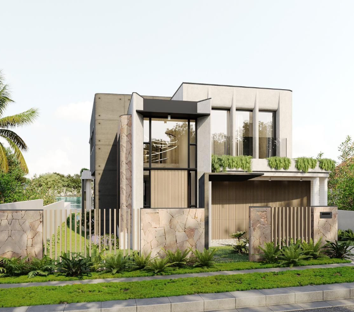 An artist 's impression of a modern house with a lot of windows